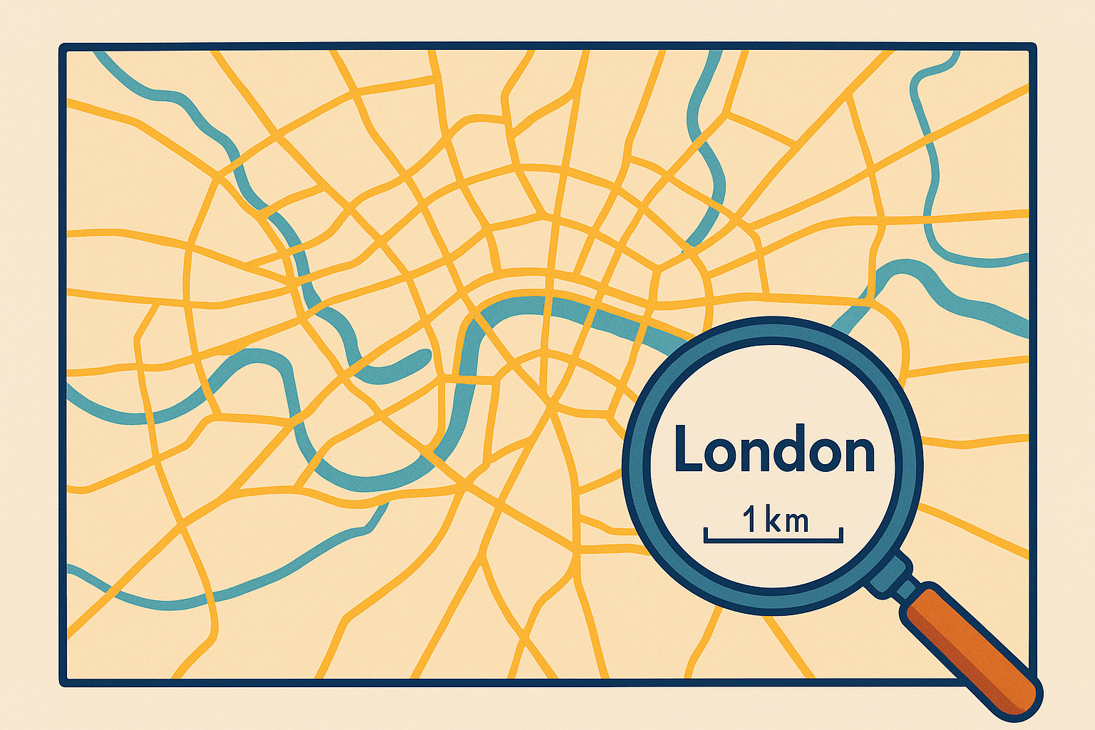 The image is a minimalist, two-dimensional illustration with a soft beige background, featuring yellow-orange roads and winding teal rivers. A magnifying glass on the right zooms in on the word "London," and the scale revealing key map's context. The warm colour palette creates a clean, modern look, symbolising the idea of context or interpretation in a broader contextless data consumption and context-full, real world.